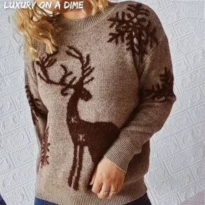 Fuzzy Knit Sweater Reindeer Snowflake Round Neck Winter Soft Print Minimalist