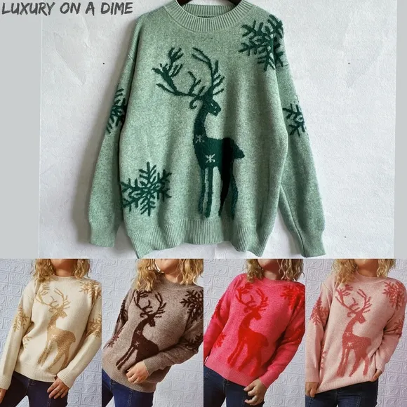 Fuzzy Knit Sweater Reindeer Snowflake Round Neck Winter Soft Print Minimalist