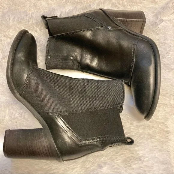 G Star Raw Womens 6/37 Black Leather Denim Block Stacked 3.5” Heel Bootie Boot