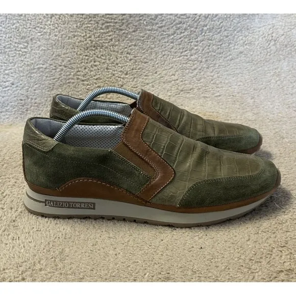Galizio Torresi Shoes Green Brown Leather Oxford Slip-On Made In Italy Men’s 10