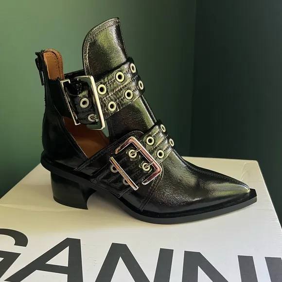 GANNI Black Chunky Buckle Open Cut Boots