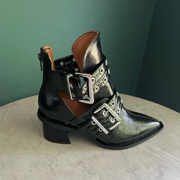 GANNI Black Chunky Buckle Open Cut Boots