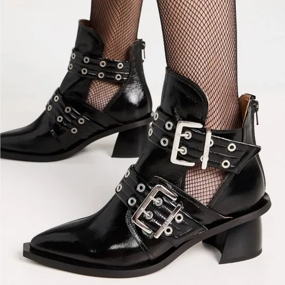 GANNI Black Chunky Buckle Open Cut Boots