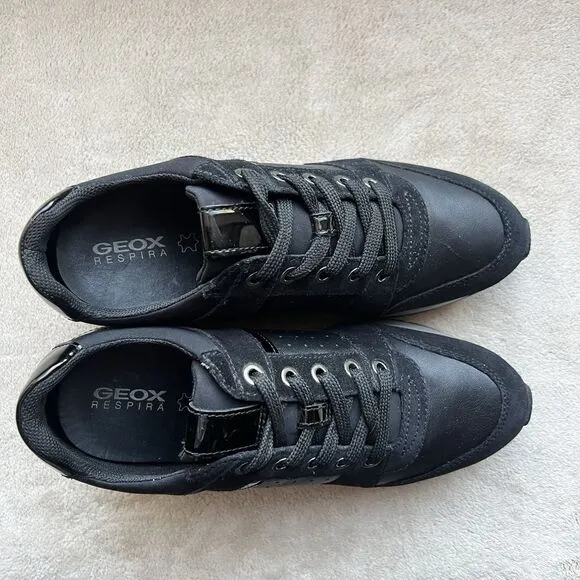 Geox Respira Zosma Black Leather Fashion Sneakers Women’s US 7 Hidden Wedge Heel