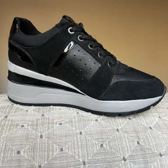 Geox Respira Zosma Black Leather Fashion Sneakers Women’s US 7 Hidden Wedge Heel