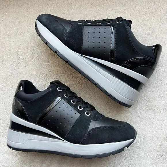 Geox Respira Zosma Black Leather Fashion Sneakers Women’s US 7 Hidden Wedge Heel