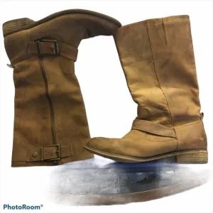 Gianni Bini Leather Buckle Zip Calf Length Boots