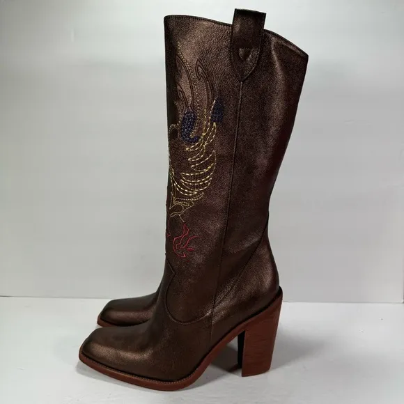 Gianni Bini Neal Bronze Leather Embroidered Western Cowboy Boots Size 8.5M