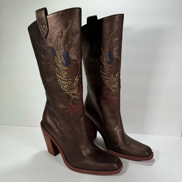 Gianni Bini Neal Bronze Leather Embroidered Western Cowboy Boots Size 8.5M