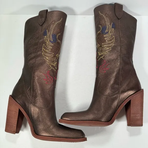 Gianni Bini Neal Bronze Leather Embroidered Western Cowboy Boots Size 8.5M