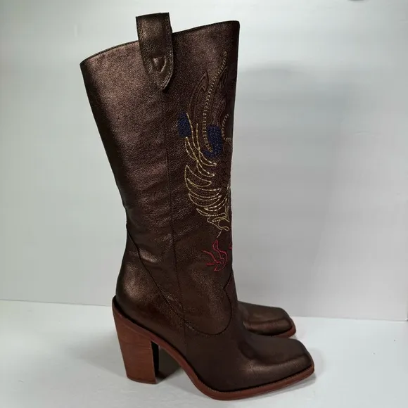 Gianni Bini Neal Bronze Leather Embroidered Western Cowboy Boots Size 8.5M