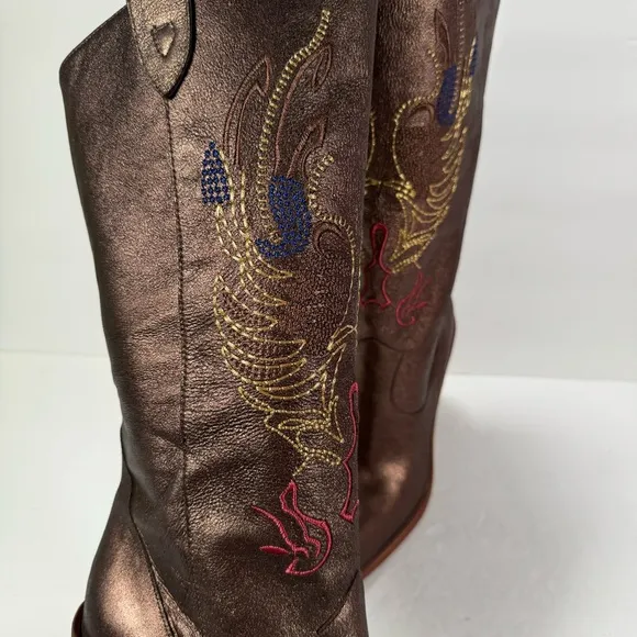 Gianni Bini Neal Bronze Leather Embroidered Western Cowboy Boots Size 8.5M