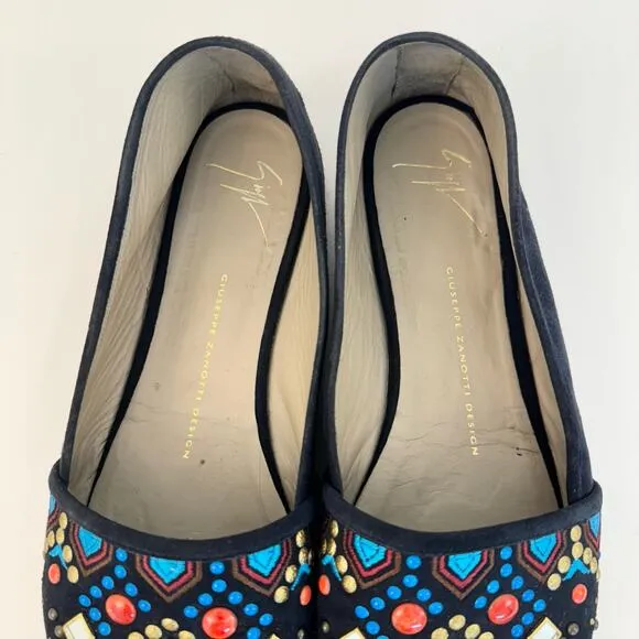 Giuseppe Zanotti Black Embellished Espadrilles Flats Shoes Suede Size 41 (US 10)
