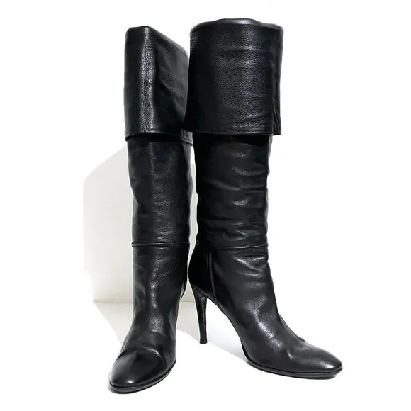 Giuseppe Zanotti Cuffed Knee Pebbled Leather Boots Stiletto Heels
