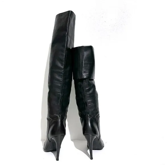 Giuseppe Zanotti Cuffed Knee Pebbled Leather Boots Stiletto Heels