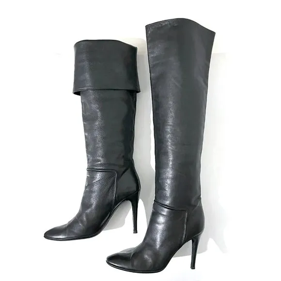 Giuseppe Zanotti Cuffed Knee Pebbled Leather Boots Stiletto Heels