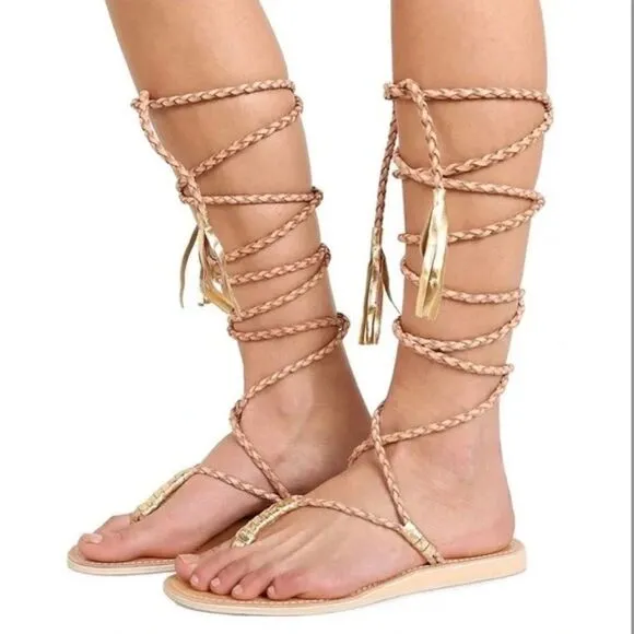 Gold Gladiator Sandals - Wrap Up lspace sandals - Size 7.5 Thong Sandals