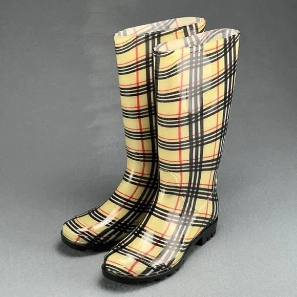 Gold Toe Rain Boots Women's US 7 Mid-Calf Haymarket Plaid Style Tan and Black