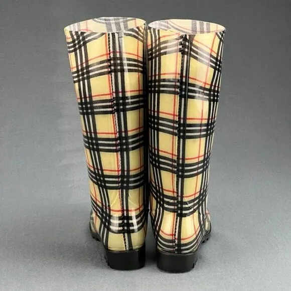 Gold Toe Rain Boots Women's US 7 Mid-Calf Haymarket Plaid Style Tan and Black