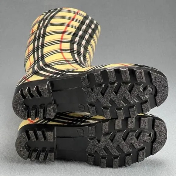 Gold Toe Rain Boots Women's US 7 Mid-Calf Haymarket Plaid Style Tan and Black