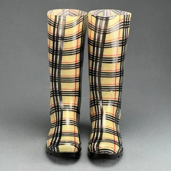 Gold Toe Rain Boots Women's US 7 Mid-Calf Haymarket Plaid Style Tan and Black