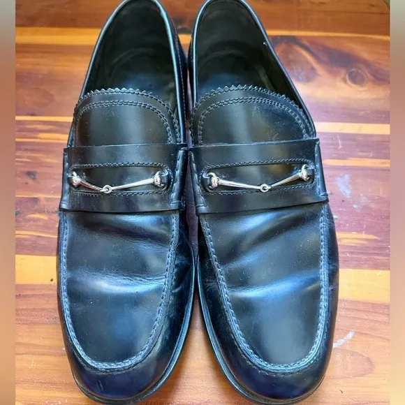 GUCCI 286771 Men’s Black Leather Silver Horsebit Slip On Loafers 7 Made in Italy