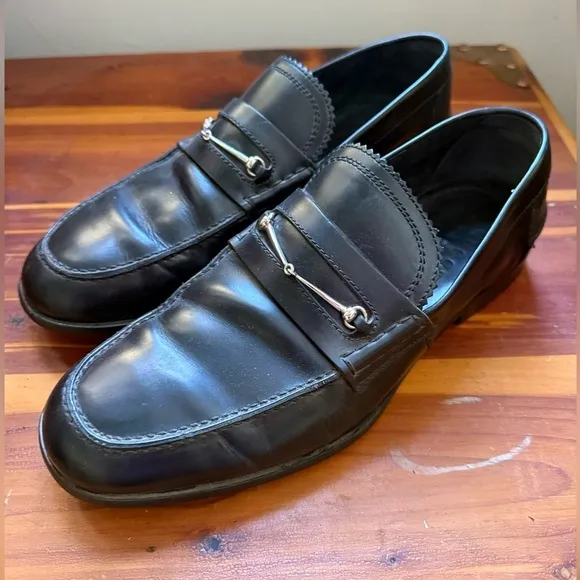 GUCCI 286771 Men’s Black Leather Silver Horsebit Slip On Loafers 7 Made in Italy