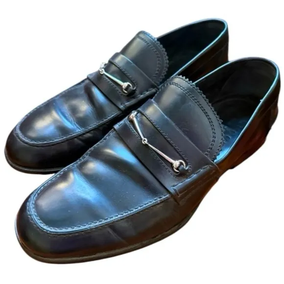 GUCCI 286771 Men’s Black Leather Silver Horsebit Slip On Loafers 7 Made in Italy