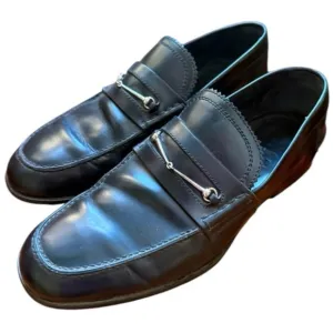 GUCCI 286771 Men’s Black Leather Silver Horsebit Slip On Loafers 7 Made in Italy