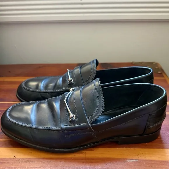 GUCCI 286771 Men’s Black Leather Silver Horsebit Slip On Loafers 7 Made in Italy