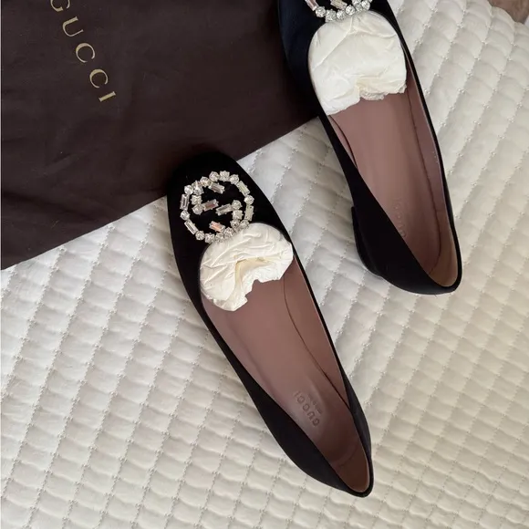 Gucci Black Flats with Pearl Embellishments
