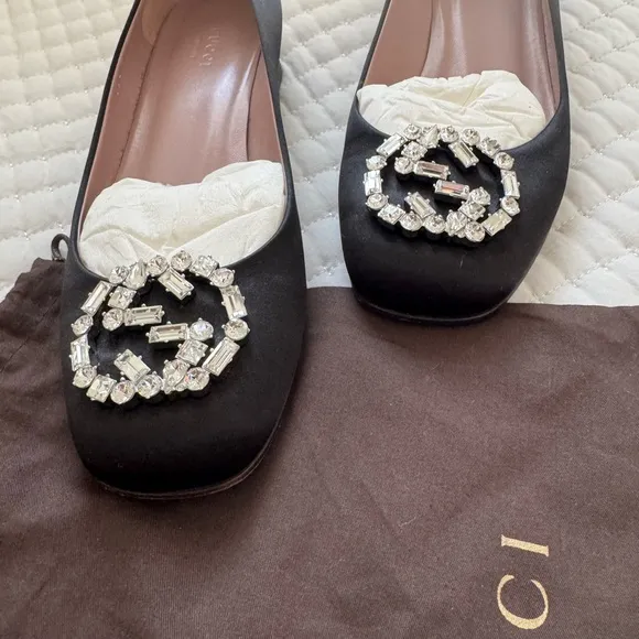Gucci Black Flats with Pearl Embellishments