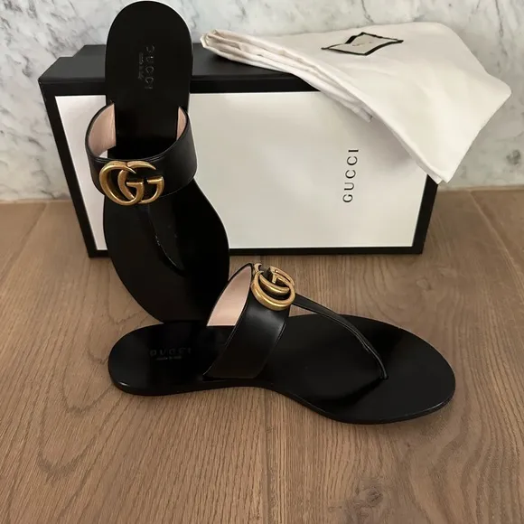 Gucci GG Marmont Black Thong Sandals