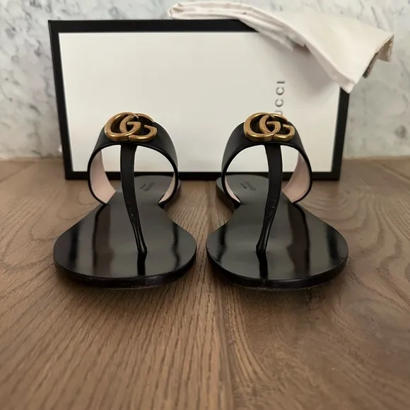 Gucci GG Marmont Black Thong Sandals