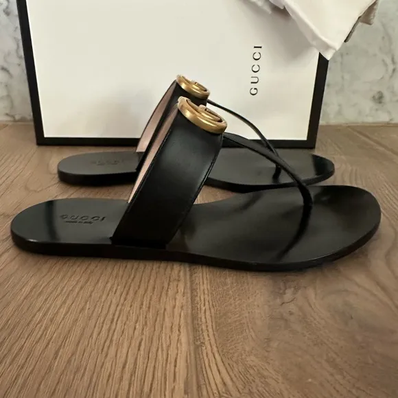 Gucci GG Marmont Black Thong Sandals
