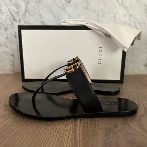 Gucci GG Marmont Black Thong Sandals