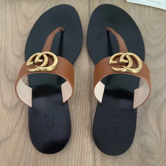 Gucci GG Marmont Brown Thong Sandals
