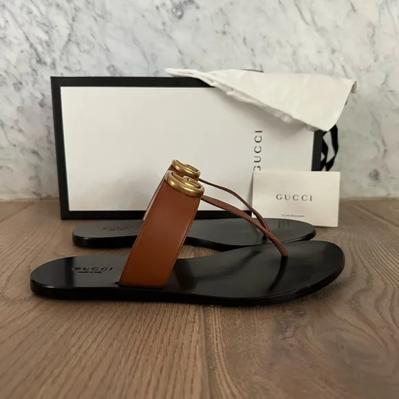 Gucci GG Marmont Brown Thong Sandals