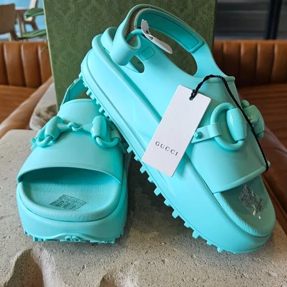 Gucci Horsebit Blue rubber platform slingback sandals