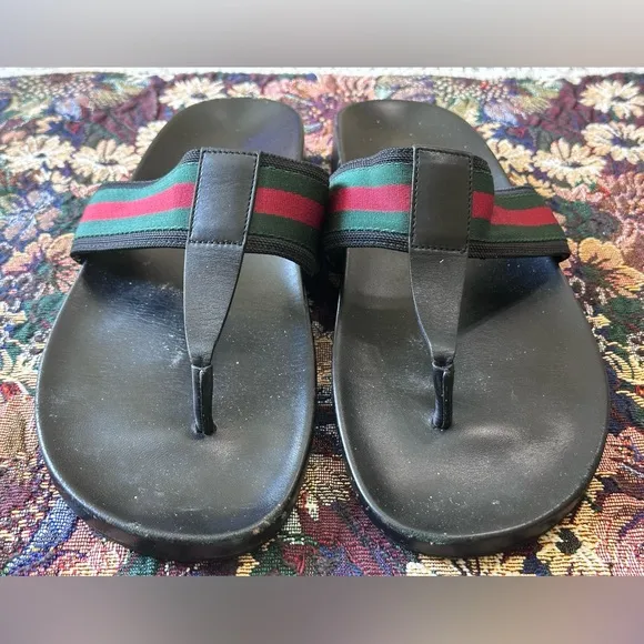 Gucci Iconic Web Green &amp; Red Thong Black Leather Mens Sandals Slides Size 12.5