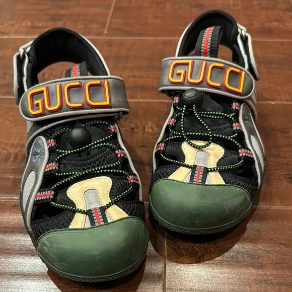 Gucci Tinsel Sport Sandals Crystal Grey &amp; Green, Size 37, Women’s 6.5