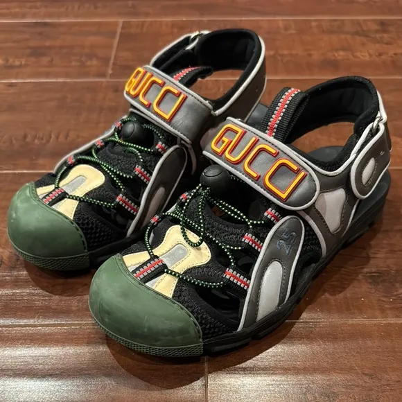 Gucci Tinsel Sport Sandals Crystal Grey &amp; Green, Size 37, Women’s 6.5