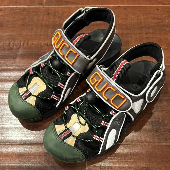 Gucci Tinsel Sport Sandals Crystal Grey &amp; Green, Size 37, Women’s 6.5