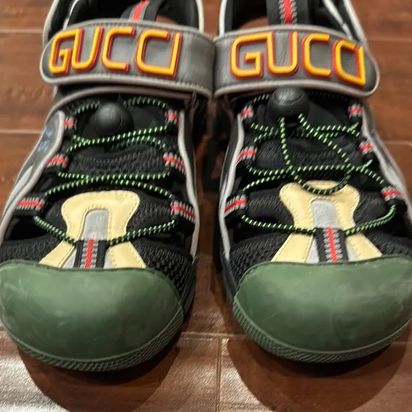 Gucci Tinsel Sport Sandals Crystal Grey &amp; Green, Size 37, Women’s 6.5