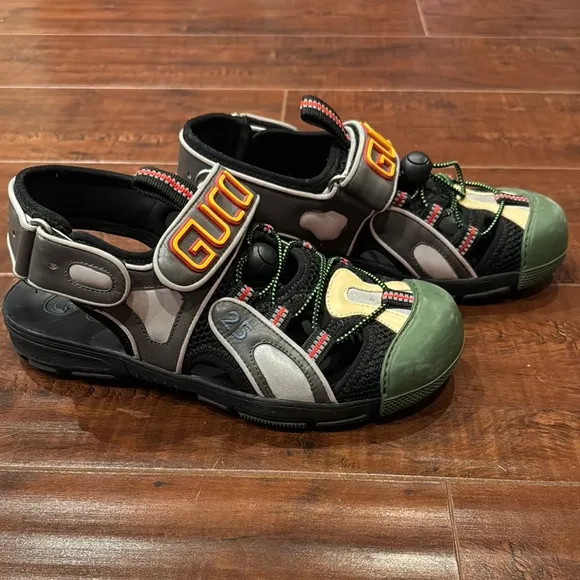 Gucci Tinsel Sport Sandals Crystal Grey &amp; Green, Size 37, Women’s 6.5