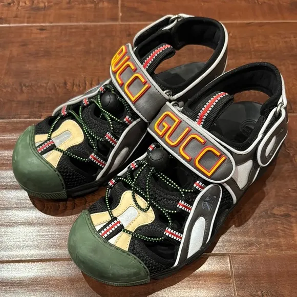 Gucci Tinsel Sport Sandals Crystal Grey &amp; Green, Size 37, Women’s 6.5