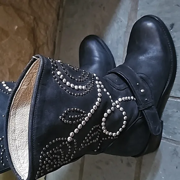 Guess Experanz Studded Black Leather Moto Calf Length Boots Women's Size 6.5 Med