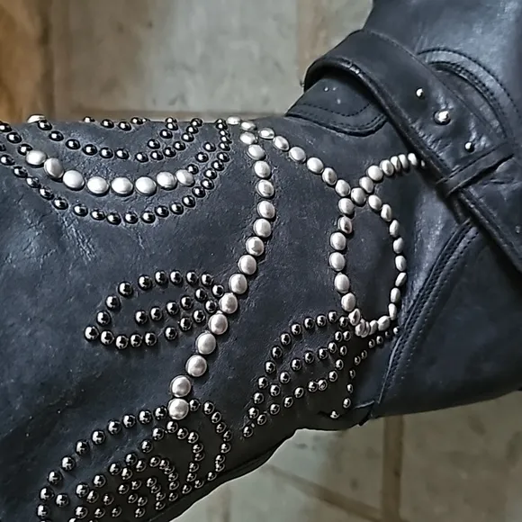 Guess Experanz Studded Black Leather Moto Calf Length Boots Women's Size 6.5 Med