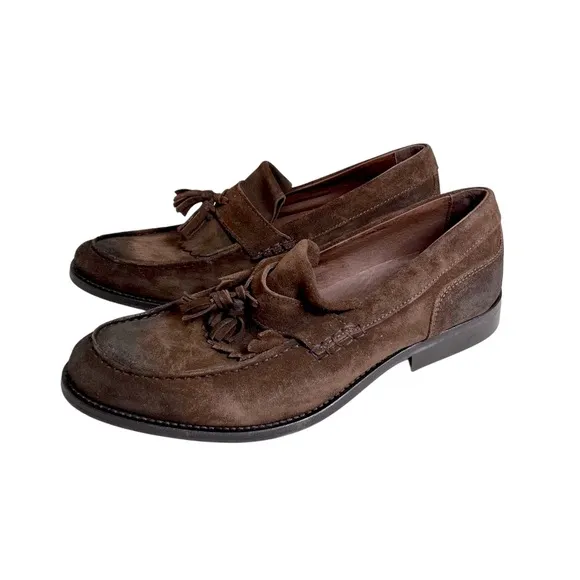 H. E. By Mango Genuine Leather Suede Elegant Brown Slip-On Loafers Tassel 10.5