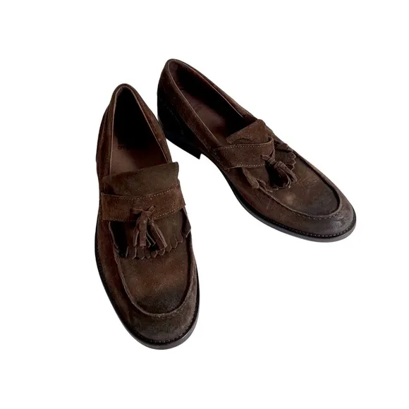 H. E. By Mango Genuine Leather Suede Elegant Brown Slip-On Loafers Tassel 10.5